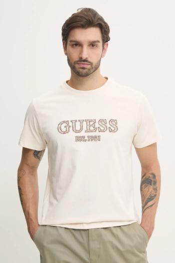 Bavlnené tričko Guess pánsky, béžová farba, s nášivkou, M5RI23 K8FQ4