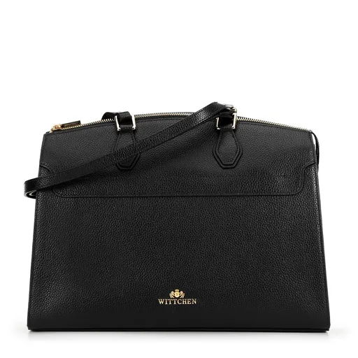 Kožená trapezová kabelka čierna so zlatým logom