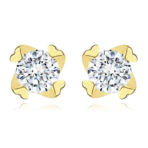 Puzetové náušnice v žltom zlate 375 - okrúhly zirkón, srdiečkové úchyty