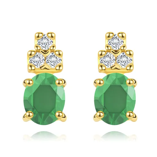 Náušnice v žltom 14K zlate - oválny zelený smaragd, tri číre zirkóniky