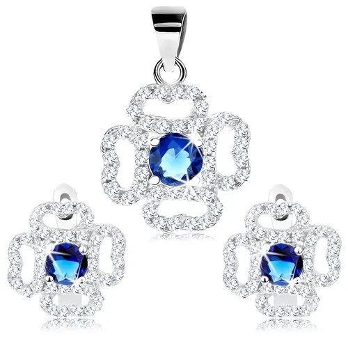 Sada zo striebra 925, náušnice a prívesok, číry obrys kvetu, modrý zirkón