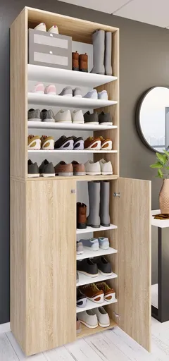 VCM Botník Lona XL s 10 přihrádkami, otočné dveře a police, dub sonoma