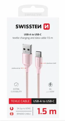 SWISSTEN DÁTOVÝ KÁBEL TEXTILE II USB / USB-C 1,5 M RUŽOVÝ