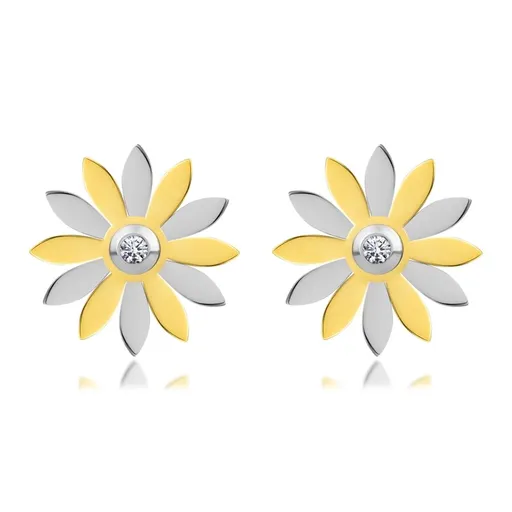 Oceľové náušnice - kvietok s lupeňmi zlatej a striebornej farby a zirkónom