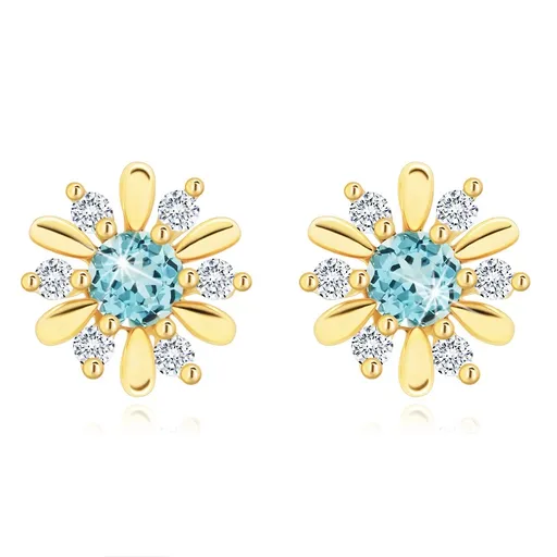 Zlaté náušnice 9K kvet s modrým topásom a čírymi zirkónmi