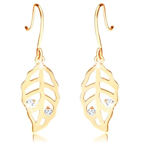 Zlaté náušnice 585 - ligotavé lístočky zdobené výrezmi a čírymi zirkónmi