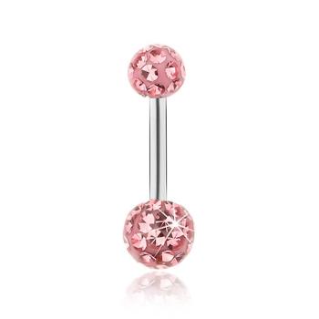 Piercing do pupka, oceľ 316L, ružové guličky, ligotavé zirkóny, glazúra