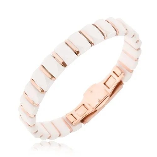 Náramok - biele keramické obdĺžnikové články, pásiky zlatoružovej farby