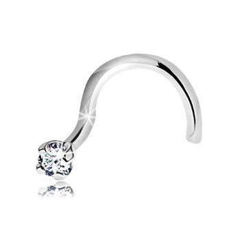 Zahnutý piercing do nosa v bielom 14K zlate - ligotavý číry diamant, 1,5 mm