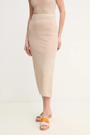 Sukňa Dkny béžová farba, midi, rovný strih, DJ5R0534