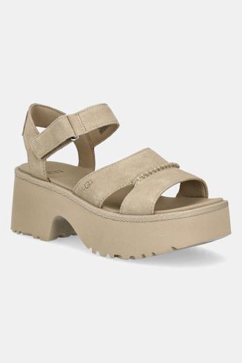 Semišové sandále UGG New Heights Ankle Strap dámske, béžová farba, na podpätku, 1167475-MDSD
