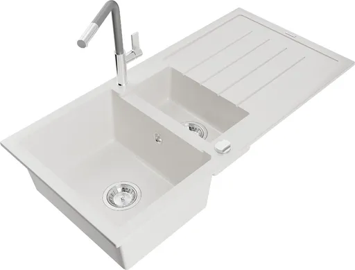 MEXEN/S MEXEN/S - Andres granitový drez s odkvapkávačom vrátane batérie Flora, biela 6515-20-670401-06