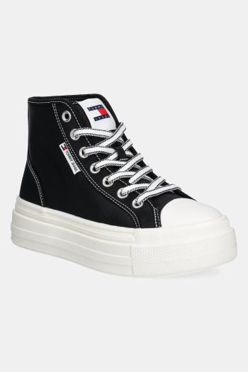 Tenisky Tommy Jeans TJW FOXING FLATFORM SNEAKER HIGH dámske, čierna farba, EN0EN02704