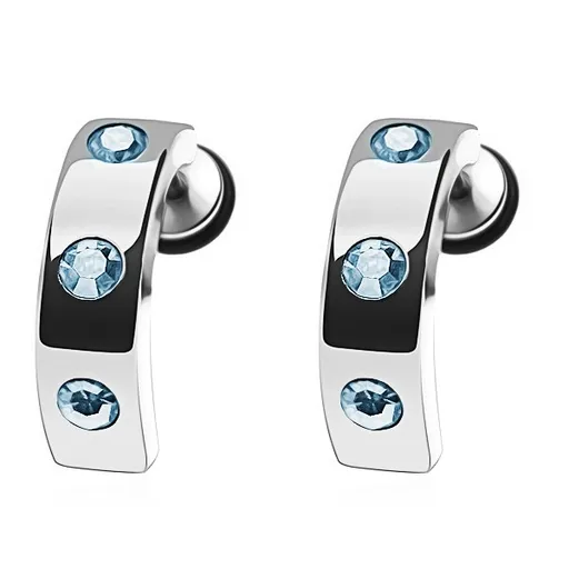 Oceľový fake plug do ucha - pruh, svetlomodré zirkóny