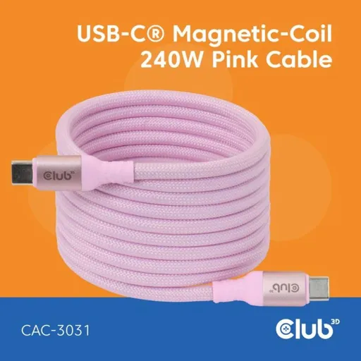 Club3D Kábel magnetický USB-C, 240W PD3.1, 480 Mbps, 2m, ružová