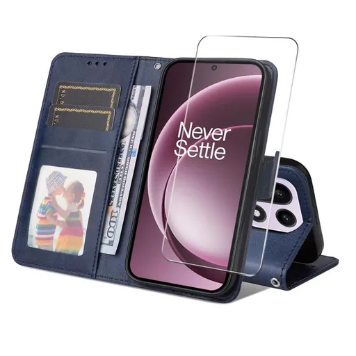 ENKAY PREMIUM SET Peňaženkové puzdro a ochranné sklo OnePlus 15 modré
