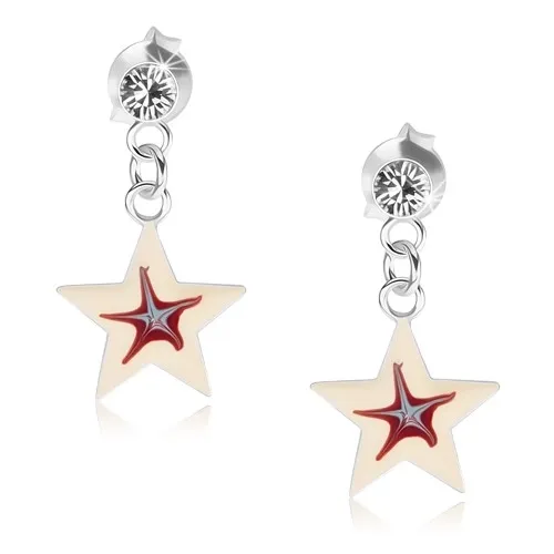 Náušnice zo striebra 925, biela hviezdička s červeno-modrým stredom
