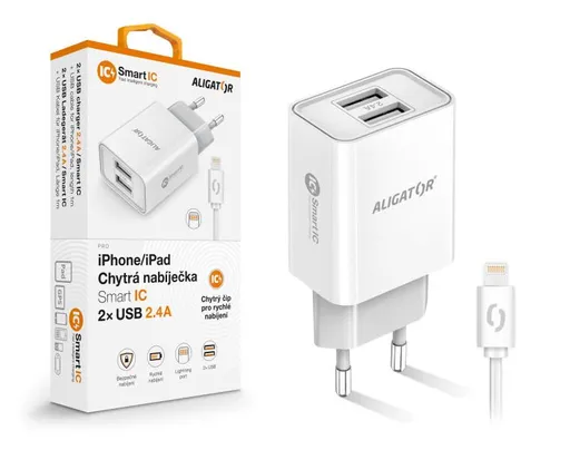 Múdra sieťová nabíjačka ALIGATOR 2,4A, 2xUSB, smart IC, biela, USB kábel pre iPhone / iPad