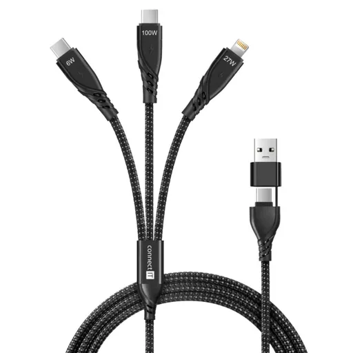 CONNECT IT Nabíjací kábel Wirez 6v1, USB-C/USB, Lightning + 2x USB-C, 1.25m, čierna