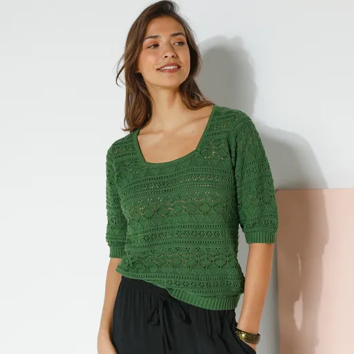 Ažúrový jednofarebný pulóver s rukávmi po lakte