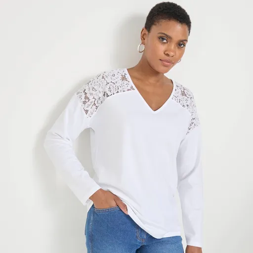 Tričko s výstrihom do V, dlhými rukávmi a čipkou