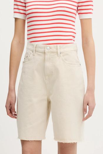 Rifľové krátke nohavice Tommy Jeans béžová farba, jednofarebné, vysoký pás, DW0DW21646