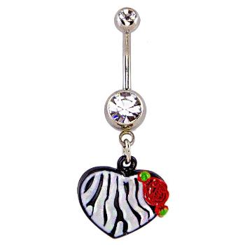 Piercing do pupku - srdce,  vzor čiernobiela zebra a ruža