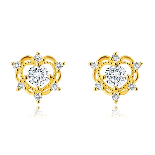 Náušnice zo 14K zlata - zdvojená kontúra srdca so zirkónmi, puzetky