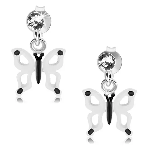 Náušnice zo striebra 925, bielo-čierny motýlik s výrezmi na krídlach, krištáľ