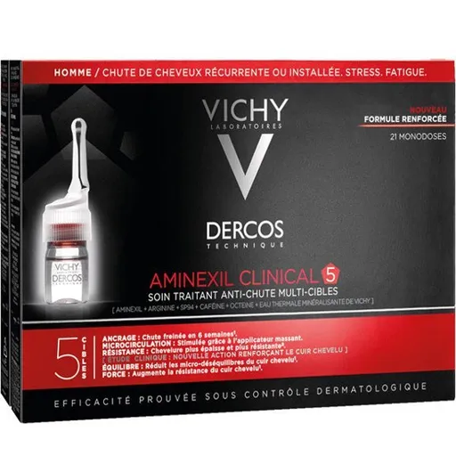 Vichy Dercos Aminexil Clinical 5 cielená starostlivosť proti vypadávaniu vlasov pre mužov Multi-Target Anti-Hair Loss Treating Care 21 x 6 ml