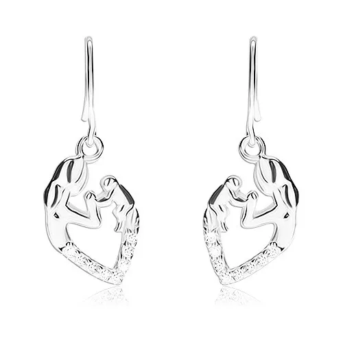 Strieborné 925 náušnice - obrys srdca so siluetou matky a dieťatka