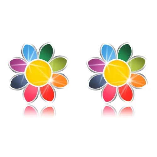 Stieborné náušnice 925 - rôznofarebný kvet s ôsmimi lupienkami, puzetky
