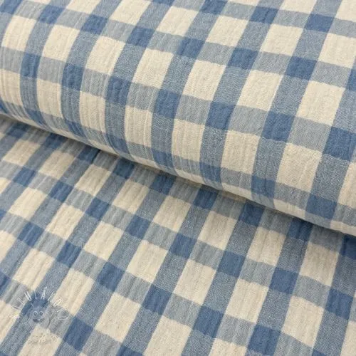 Dvojitá gázovina/mušelín LINEN YARN DYED Checks light blue natural