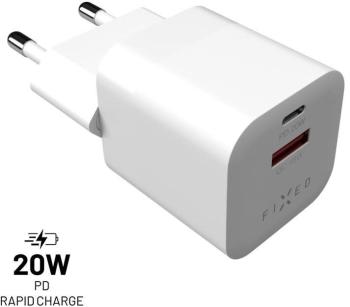 Töltő adapter FIXED PD Rapid Charge Mini USB-C + USB - PD, QC 3.0, 20W, fehér