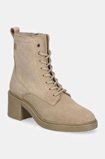 Semišové topánky Tommy Hilfiger SUEDE MID HEEL LACEUP LOGOTAPE dámske, béžová farba, na podpätku, FW0FW08090