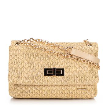 Dámska crossbody z pleteniny s retiazkou béžovo-zlatá