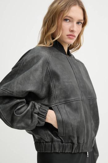 Kožená bunda bomber AERON KELLY dámska, čierna farba, prechodná, JK125554