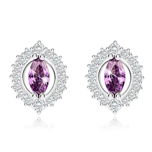 Náušnice zo striebra 925 - fialové zirkónové zrnko olemované drobnými čírymi zirkónikmi