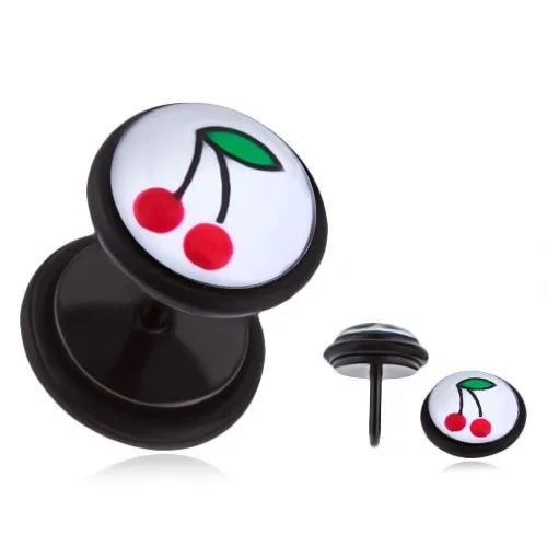 Oceľový falošný piercing do ucha - čerešne, biely podklad