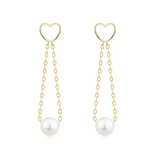 Zlaté náušnice 14K srdce so sladkovodnou perlou na retiazke