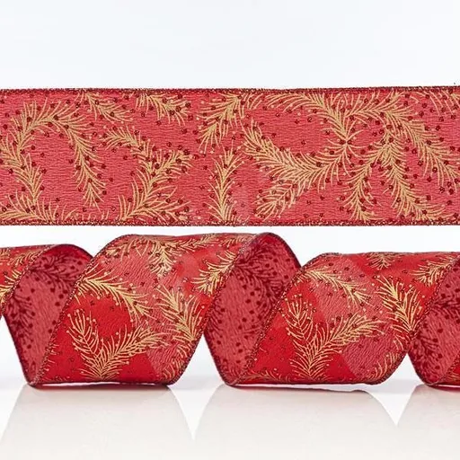 Eurolamp Vianočná dekorácia červená stuha so zlatými listami, 6,35 cm, 1 ks