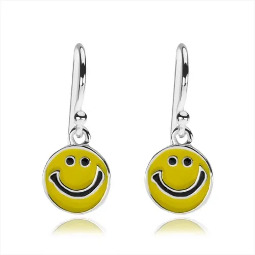 Strieborné náušnice 925, plochý prívesok - žltý usmievavý smajlík