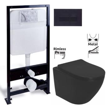 PRIM predstenový inštalačný systém s čiernym tlačidlom 20/0044 + WC REA CARLO MINI RIMLESS ČIERNY MAT + SEDADLO PRIM_20/0026 44 MM1
