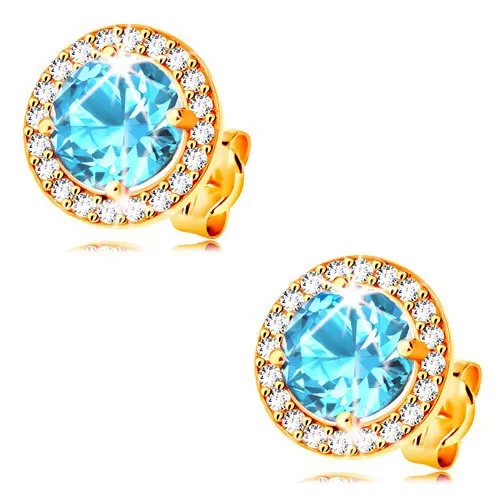 Náušnice v žltom 14K zlate - modrý syntetický akvamarín s čírymi zirkónmi