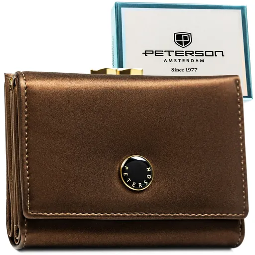 Stredne veľká hnedá dámska peňaženka z kože s RFID ochranou a kovovým zapínaním na mince- Peterson