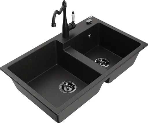 MEXEN/S MEXEN/S - Tomas granitový drez 2-bowl vrátane batérie Carla, čierna/zlatá metalik 6516-75-670700-70-B