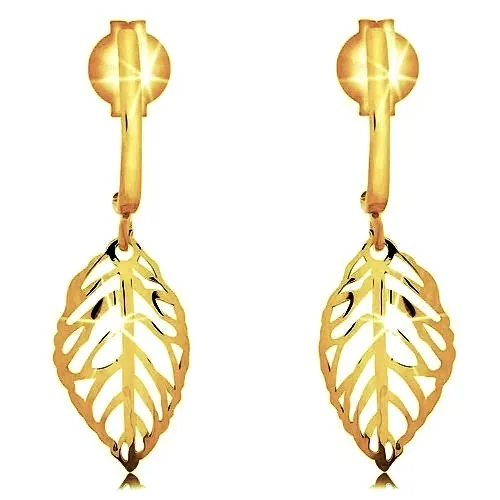 Náušnice v žltom 9K zlate - lesklý vyrezávaný lístok, jemne zahnutý pásik