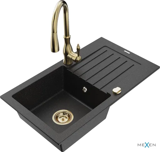 MEXEN/S MEXEN/S - Pablo granitový drez 1 s odkvapkávačom vrátane batérie Savita, čierna/strieborná metalík 6510-73-672601-50