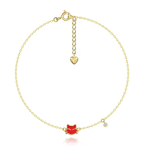 Náramok zo žltého 14K zlata, prívesky - červená mačička, číry zirkón