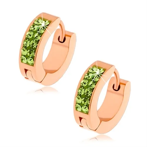 Oceľové náušnice, dve zvislé línie zelených zirkónikov, povrch medenej farby